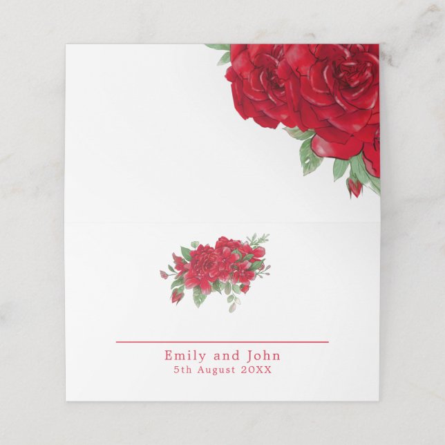 Tarjeta De Asiento Rich Red Roses Floral Names Date Boda (Exterior desplegado)