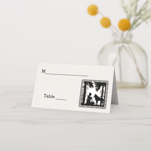 Tarjeta De Asiento Riding Hood Trees Wolf Fancy Border Blanco Negro (Anverso)