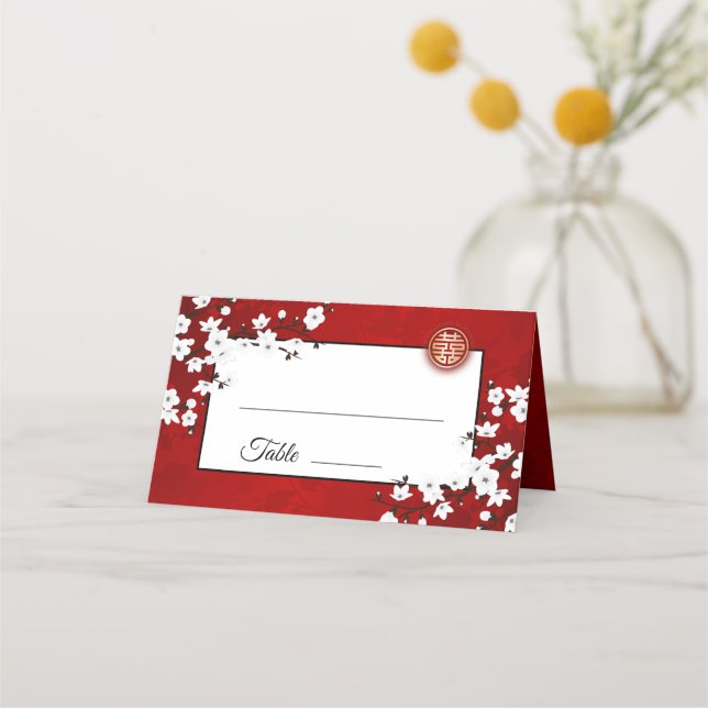 Tarjeta De Asiento Rojo de flores de cerezo blanco | Boda chino (Anverso)