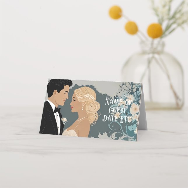 Tarjeta De Asiento Romance eterno: Novia acuarela y arte groom (Reverso)