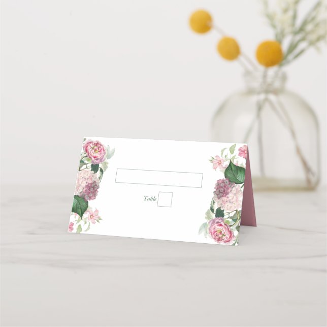 Tarjeta De Asiento Romántica acuarela Flores rosadas Boda Jardín (Anverso)