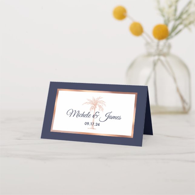Tarjeta De Asiento Rosa de la Marina Oro Palm Tree moderna Boda (Anverso)