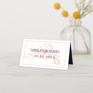 Tarjeta De Asiento Rosa de moda Dorado Esbozo floral Boda Azul de la