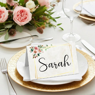 Tarjeta De Asiento Rosa de presupuesto en blanco y boda de oro