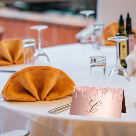 Tarjeta De Asiento Rosa purpurina de oro gotea monograma de rubor ini