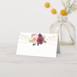 Tarjeta De Asiento Rosa turbio Borgoña Floral String Lights Boda