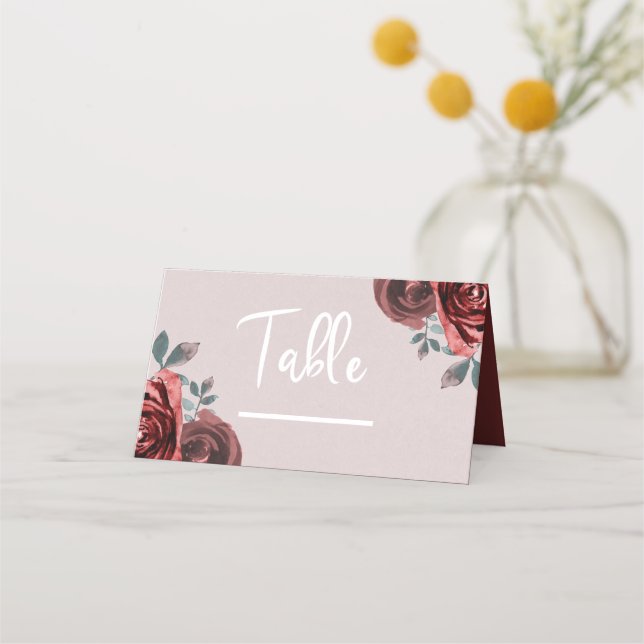 Tarjeta De Asiento Rosas acuarela de boda en verde taupe burdeos (Anverso)