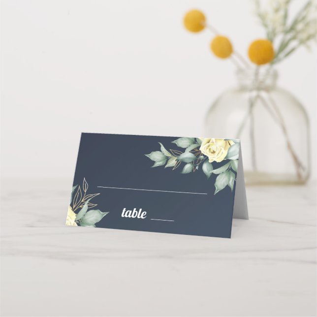 Tarjeta De Asiento Rosas amarillas acuarela romántica azul marino flo (Anverso)