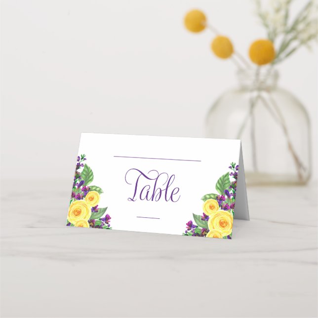 Tarjeta De Asiento Rosas Amarillas | Violets Boho Floral Boda (Anverso)