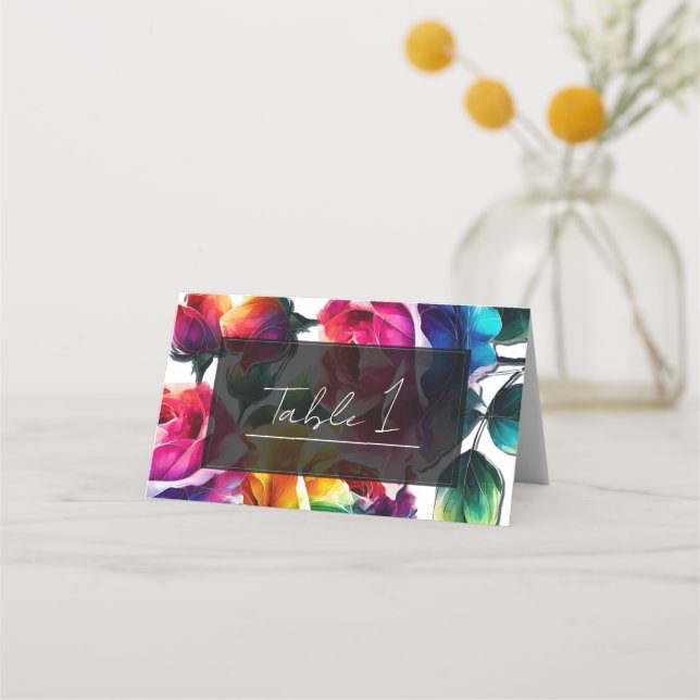Tarjeta De Asiento Rosas arcoiris Boda floral vibrante blanco y negro (Anverso)