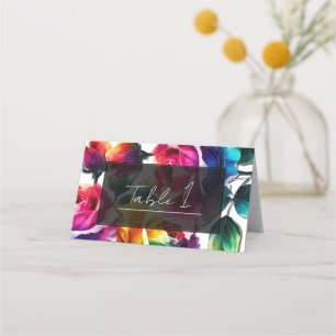 Tarjeta De Asiento Rosas arcoiris Boda floral vibrante blanco y negro