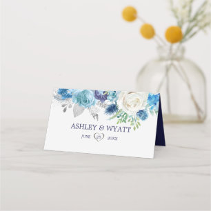 Tarjeta De Asiento Rosas Azul Y Blanca