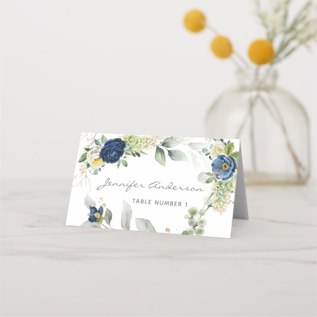 Tarjeta De Asiento Rosas azules niño Baptism Place Card (Anverso)