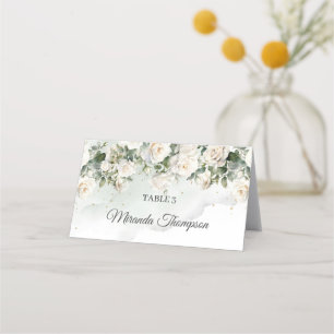 Tarjeta De Asiento Rosas blancas románticas Eucalipto Verdor y Oro