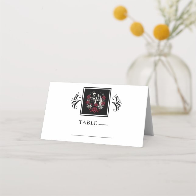 Tarjeta De Asiento Rosas blancos rojos y negros esqueletos Boda de pa (Anverso)