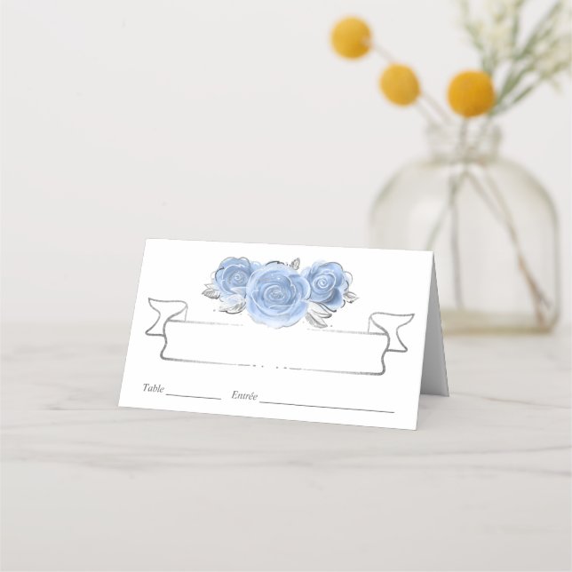 Tarjeta De Asiento Rosas Blue de Bebé Plateado y Ligero Elegantes (Anverso)