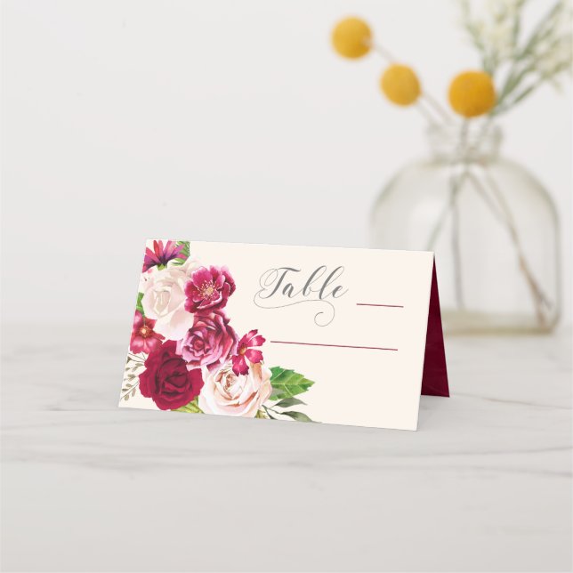 Tarjeta De Asiento Rosas Borgoña/Crema Boda Tabla ID584 (Anverso)