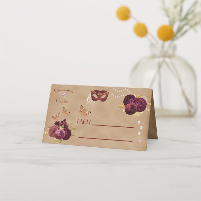 Tarjeta De Asiento Rosas borgoñeses ingleses, máscara Fiesta roja Qui (Anverso)