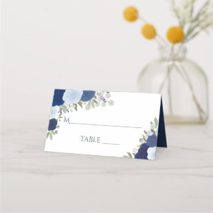 Tarjeta De Asiento Rosas de acuarela azul escritura elegante de boda