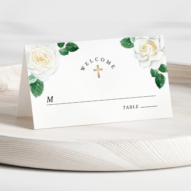 Tarjeta De Asiento Rosas de acuarela blanca floral Chica Primera Comu (Front - Floral White Watercolor Roses Girl First Communion Place Card)