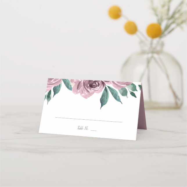 Tarjeta De Asiento Rosas de acuarela malva Boda floral plegado (Anverso)