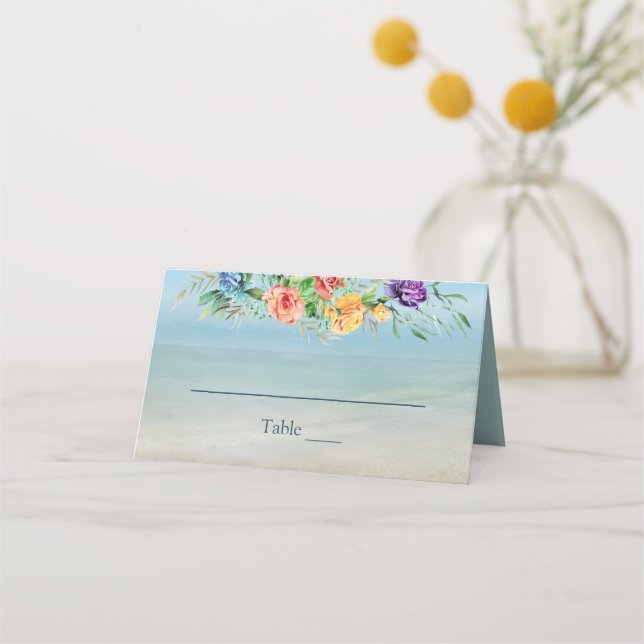Tarjeta De Asiento Rosas de acuarela y boda de playa de Seashells (Anverso)