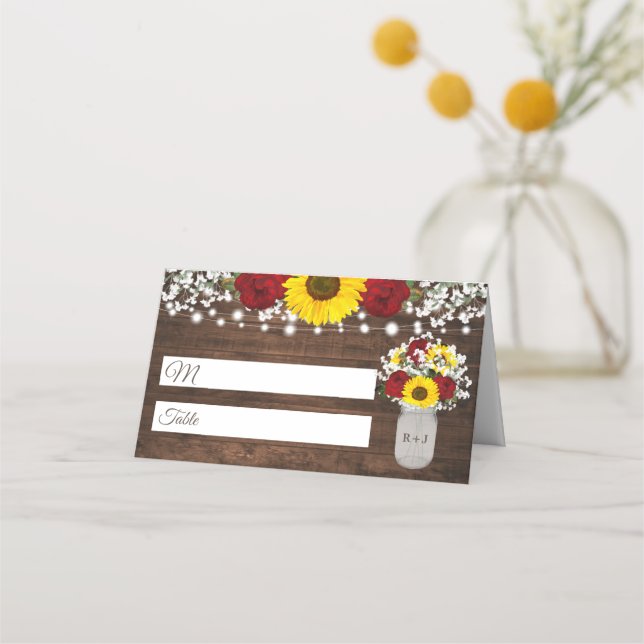 Tarjeta De Asiento Rosas de girasoles rusos Jar String Lights Boda (Anverso)