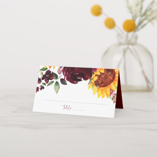 Tarjeta De Asiento Rosas de girasoles y borgoñas caen en matrimonio (Anverso)