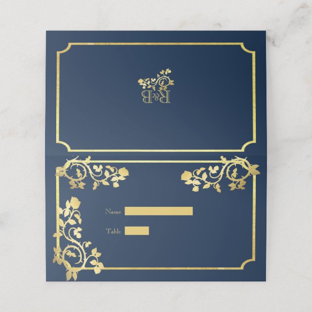 Tarjeta De Asiento Rosas de Relieve metalizado dorado en Boda azul os (Exterior desplegado)