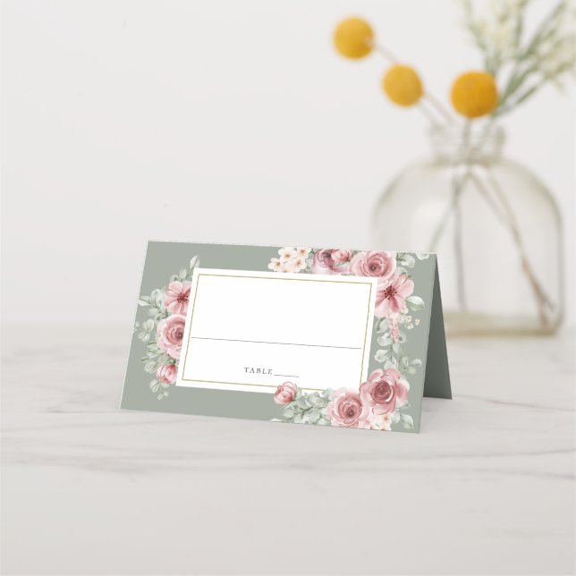 Tarjeta De Asiento Rosas Floral Elegant Sage Green Boda (Anverso)