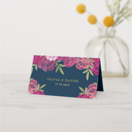 Tarjeta De Asiento Rosas florales rosados y morados dejan Boda azul