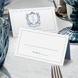 Tarjeta De Asiento Rosas Francesas Elegantes Cresta de Monograma Azul