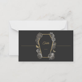 Tarjeta De Asiento Rosas góticos de negro y oro Boda de ataúd doblado