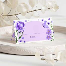 Tarjeta De Asiento Rosas Lilac Purple Floral y mariposa Quinceañera