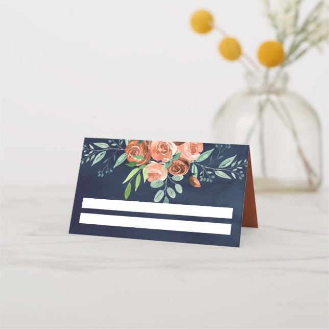 Tarjeta De Asiento Rosas Naranjas quemados de tierra Boda azul de la  (Anverso)