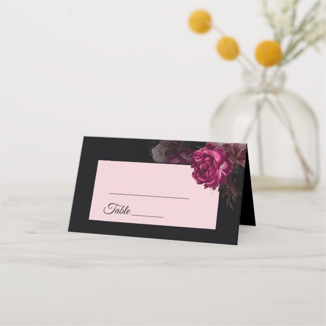 Tarjeta De Asiento Rosas pintadas a mano, flores oscuras, boda (Anverso)