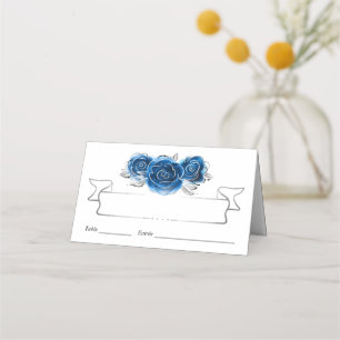 Tarjeta De Asiento Rosas Plateadas y Azules Reales Mesa Elegante Pleg