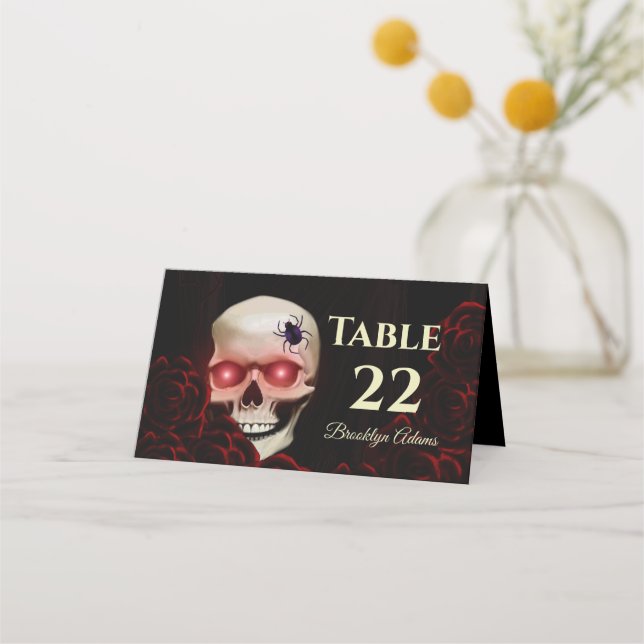Tarjeta De Asiento Rosas rojas del cráneo gótico negro floral oscuro  (Anverso)