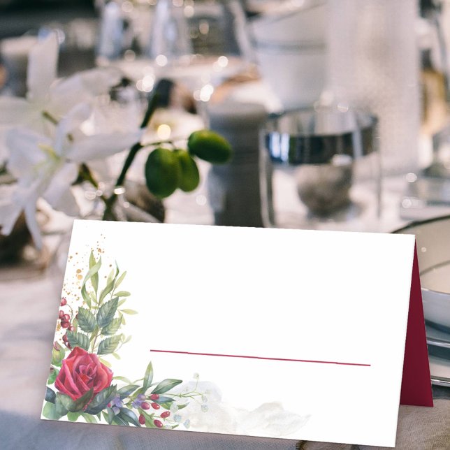 Tarjeta De Asiento Rosas rojas y hojas de eucalipto (Place Cards with red rose floral arrangement and space to write your guest's name)