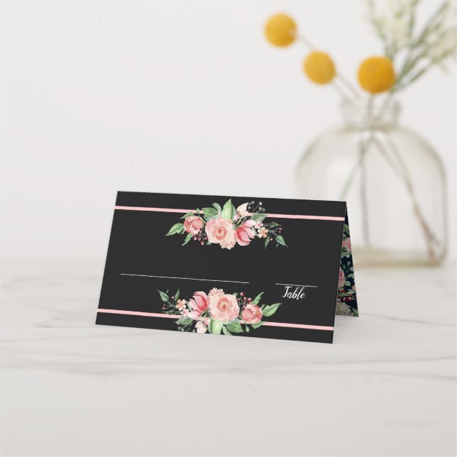 Tarjeta De Asiento Rosas rosadas tradicionales | Negro | Diseño flora (Anverso)