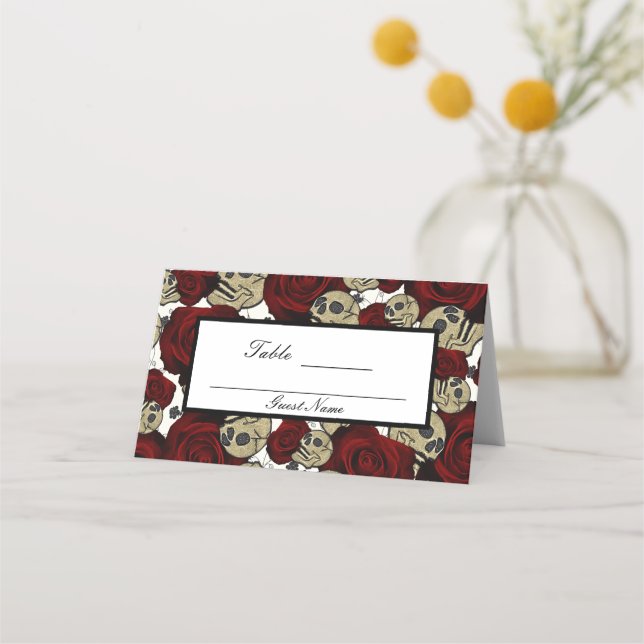 Tarjeta De Asiento Roses rojos y crúles negro Floral mesa blanca góti (Anverso)