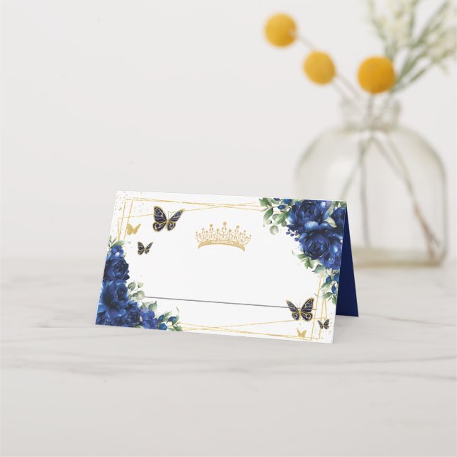 Tarjeta De Asiento Royal Blue Floral Gold Butterflies Quinceañera 15 (Anverso)