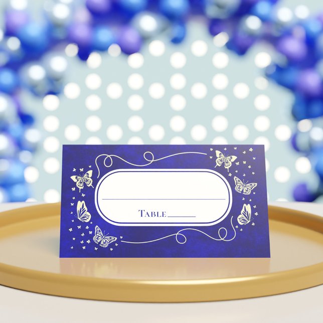 Tarjeta De Asiento Royal Blue Gold Mariposa Quinceañera de 15 años (Royal Blue Gold 15 Years Old Quinceañera Butterfly Place Card)