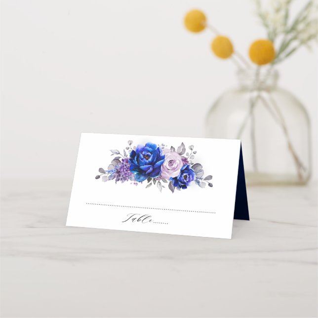 Tarjeta De Asiento Royal Blue Lilac Purple Floral Boda Place Card (Anverso)
