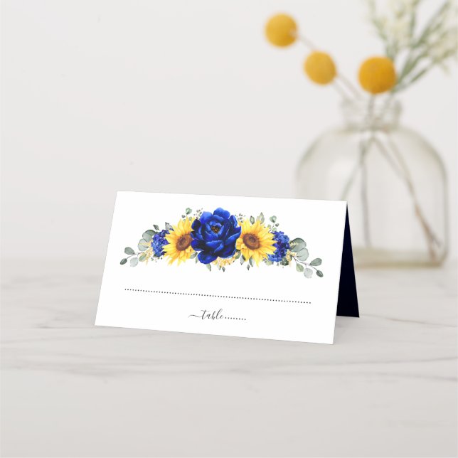 Tarjeta De Asiento Royal Blue Rustic Sunflower Moderno Boda Floral (Anverso)