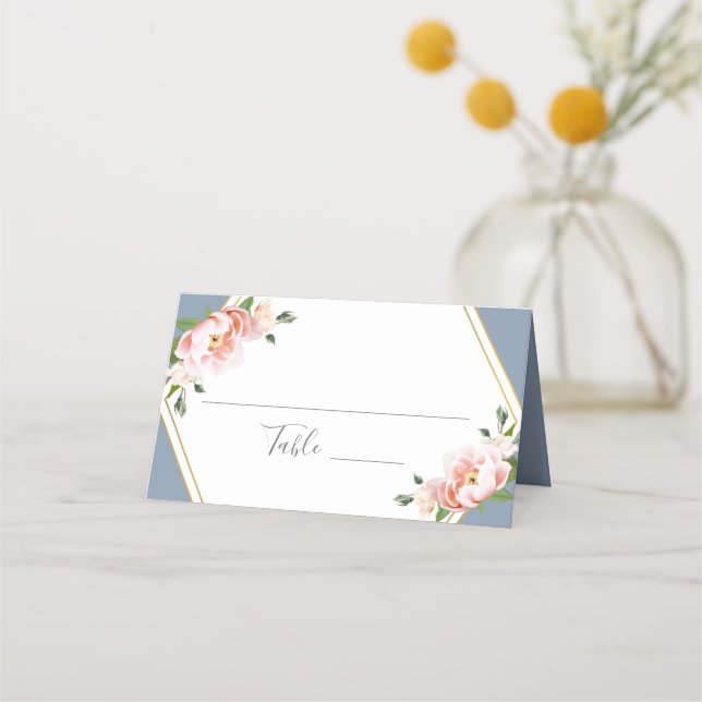 Tarjeta De Asiento Rubor Floral Gold Geometric Dusty Blue Boda (Anverso)