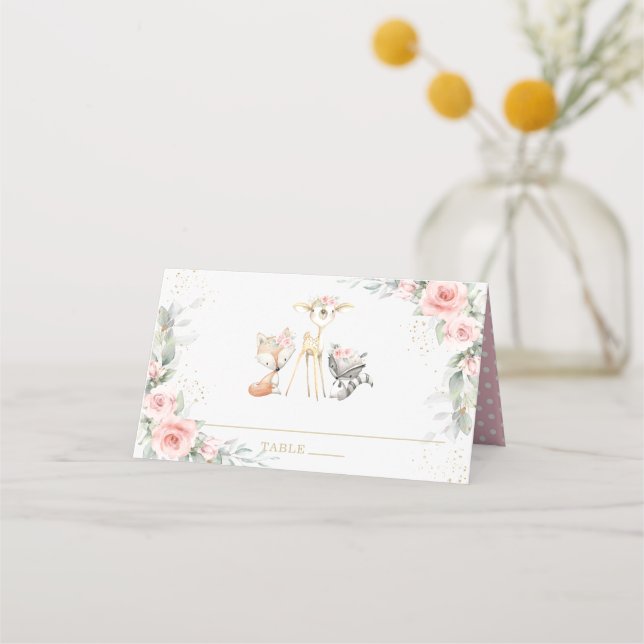 Tarjeta De Asiento Rubor Floral Woodland Animales Baby Shower Cumplea (Anverso)
