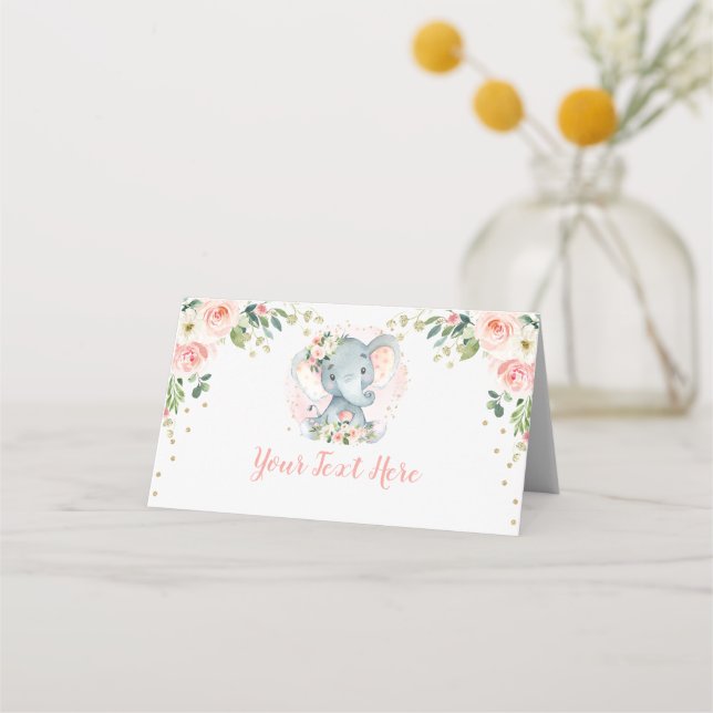 Tarjeta De Asiento Rubor Gold Floral Elephant Baby Girl Cumpleaños (Anverso)