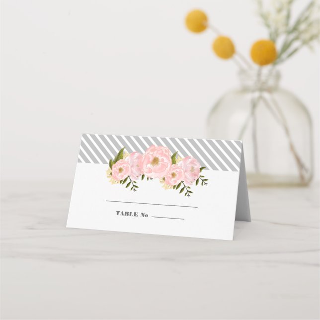 Tarjeta De Asiento Rubor Pink Peonies | Boda de franjas grises (Anverso)