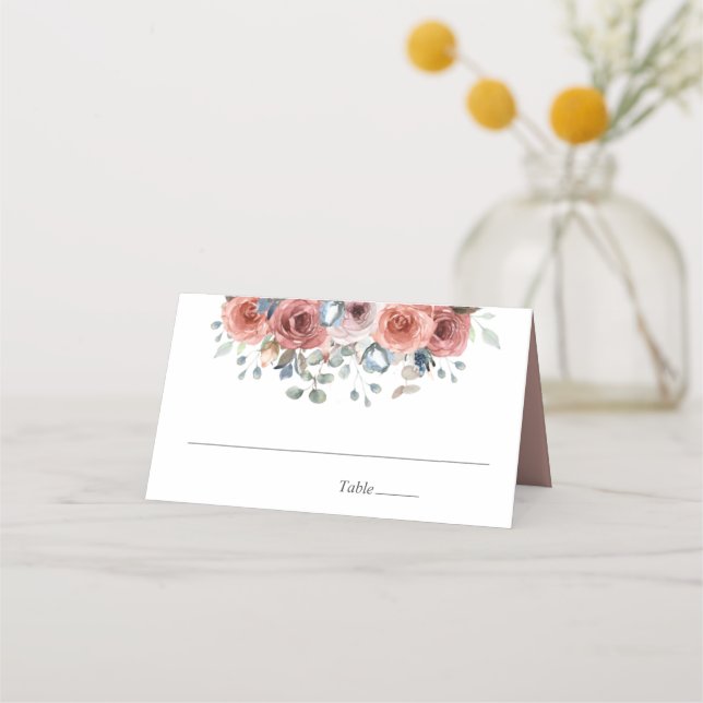 Tarjeta De Asiento Rubor y Dusty Blue Blissful Floral, Boda (Anverso)